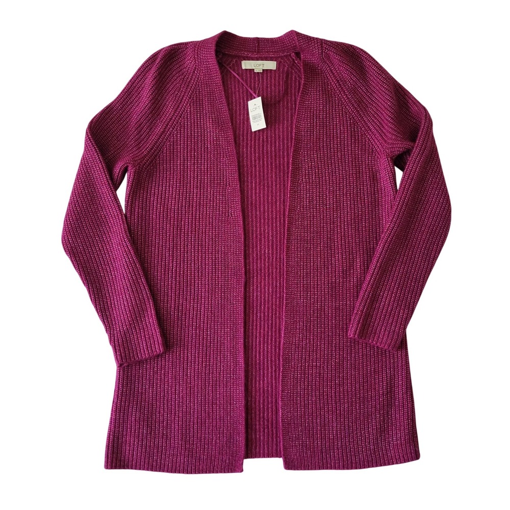 LOFT Womens Ribbed Open Front Cardigan Sweater Magenta Purple Size M NWT